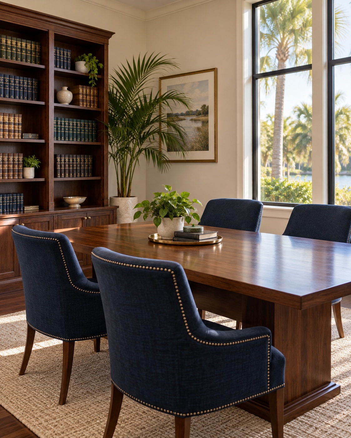 Office-style image of a sunlit consultation room with a wood table and navy chairs